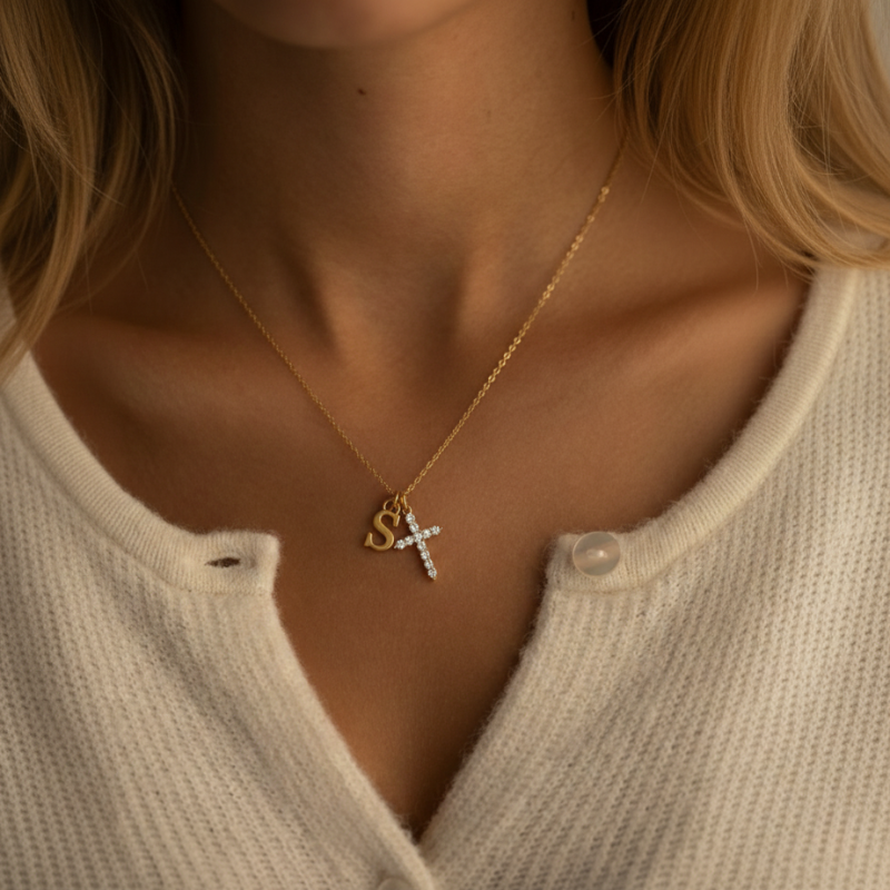 Initial Crystal Cross Necklace